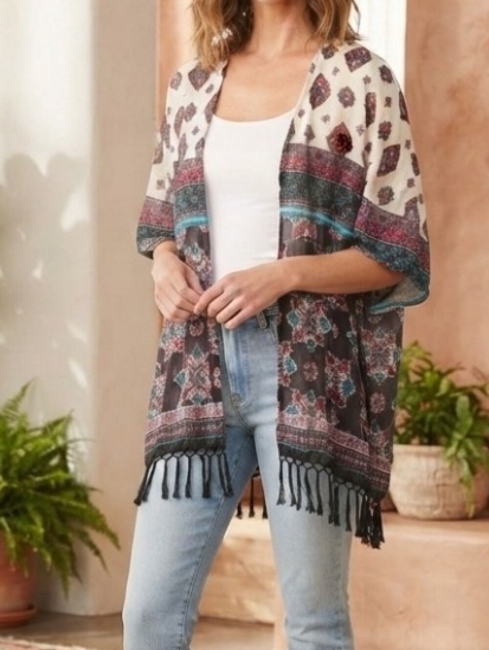 Rue 21 Boho Geometric Medallion Fringe Kimono - Size M NWT